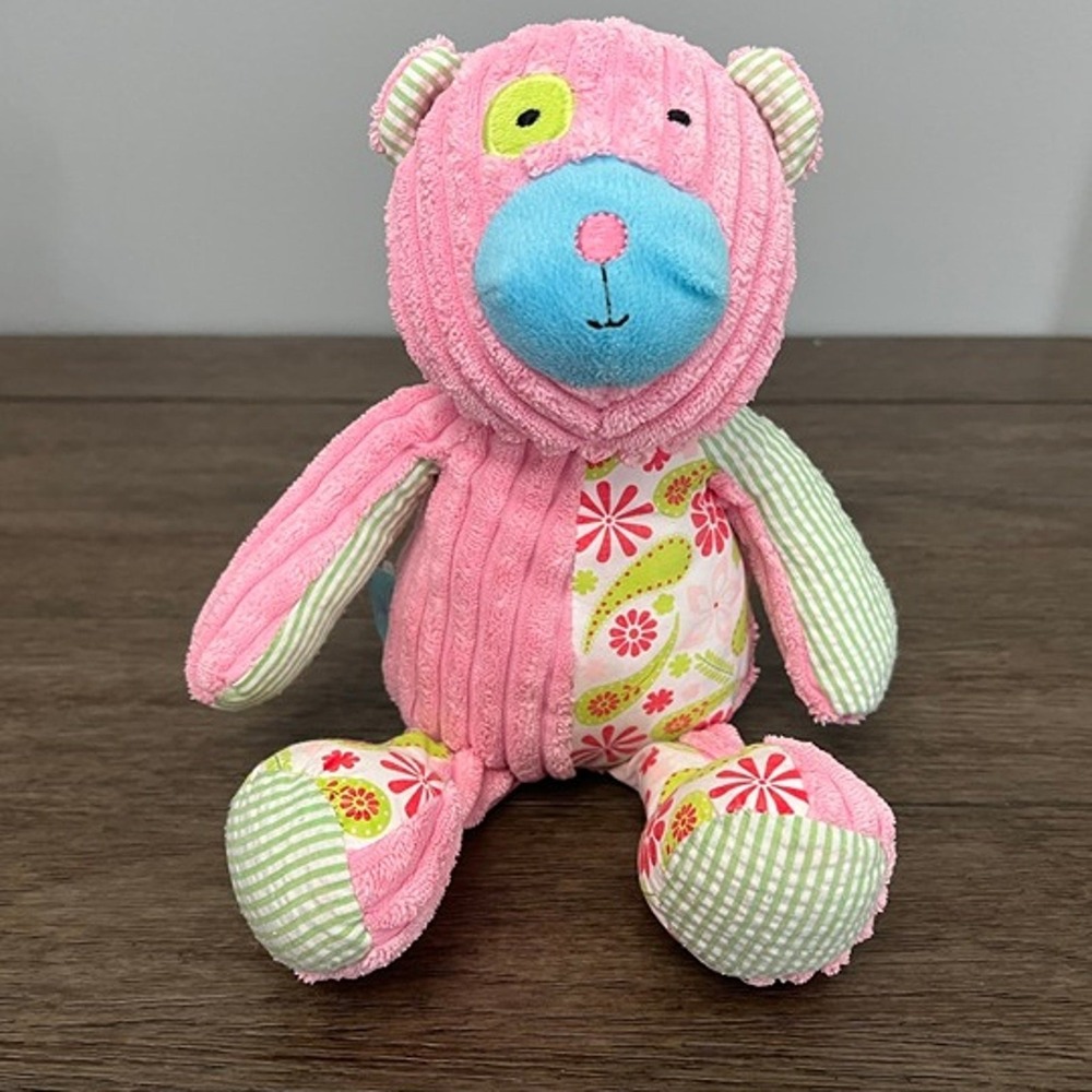 Mud Pie Pink Green Paisley Ribbed Teddy Bear Plush Patchwork Stuffed Animal Toy